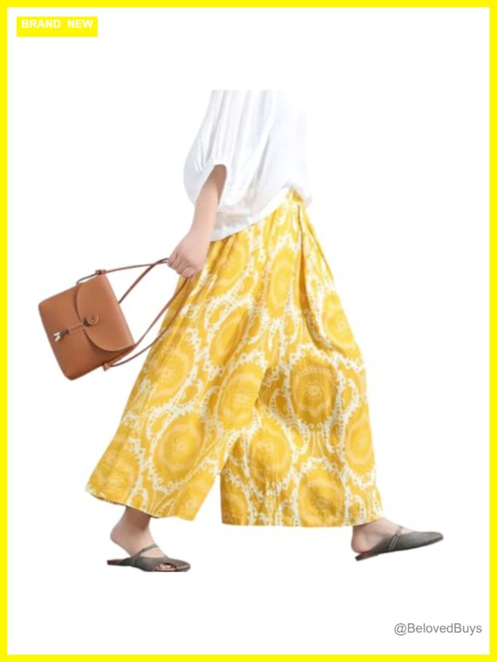 Women's Floral Cotton Linen Wide Leg Crop Palazzo Pants High Rise Elastic Waist